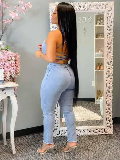 Casual Slim Sexy Backless Bandage Suspenders Denim Jumpsuit