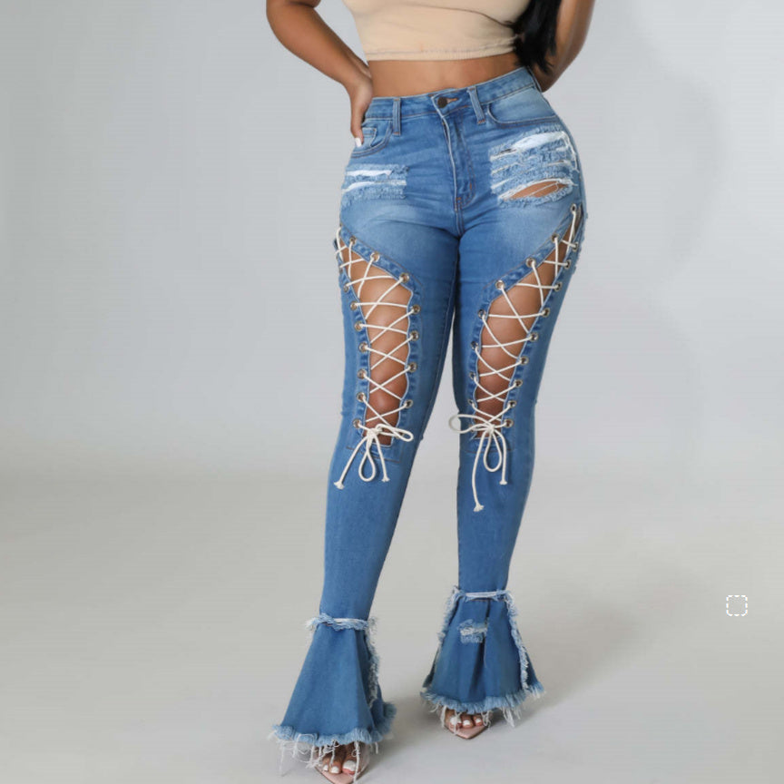 Mid-Waist Retro Tattered Jeans Elastic Corns Bandage Mop Denim Bell-Bottom