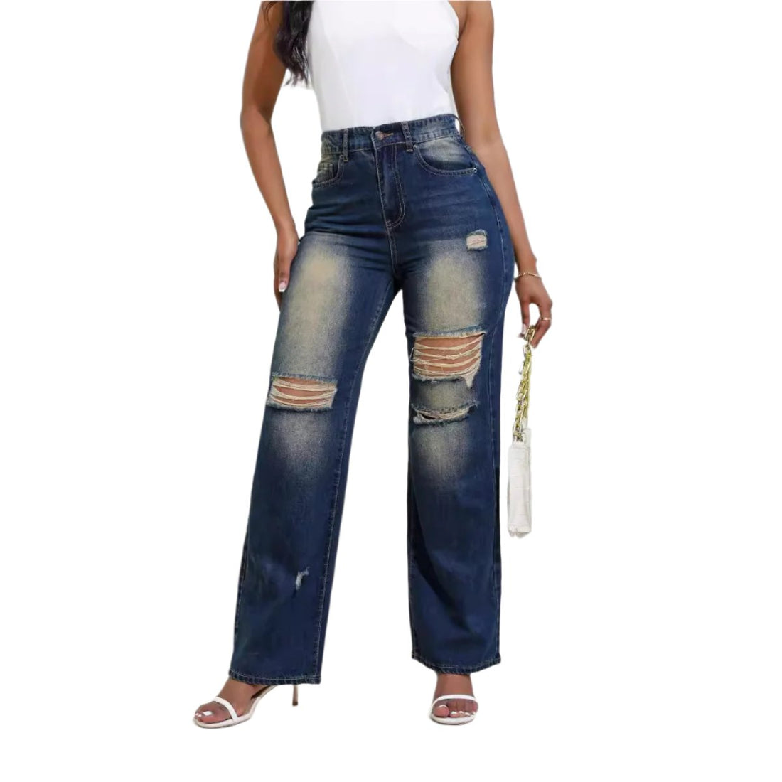 Fashion High Waist Ripped Jeans With Pockets Comfortable Slim Fit Straight Wide-leg Pants
