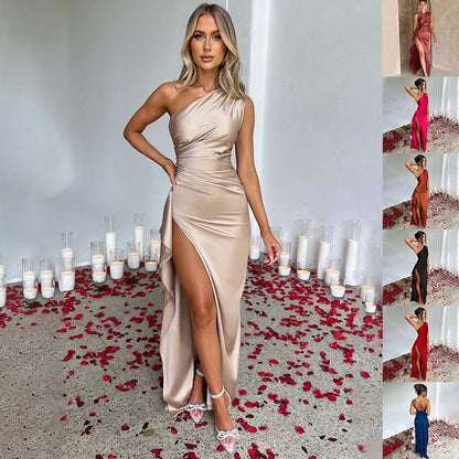 Sexy One-shoulder Backless Slit Dress Summer Elegant Slim-fit Solid Color Satin Dresses