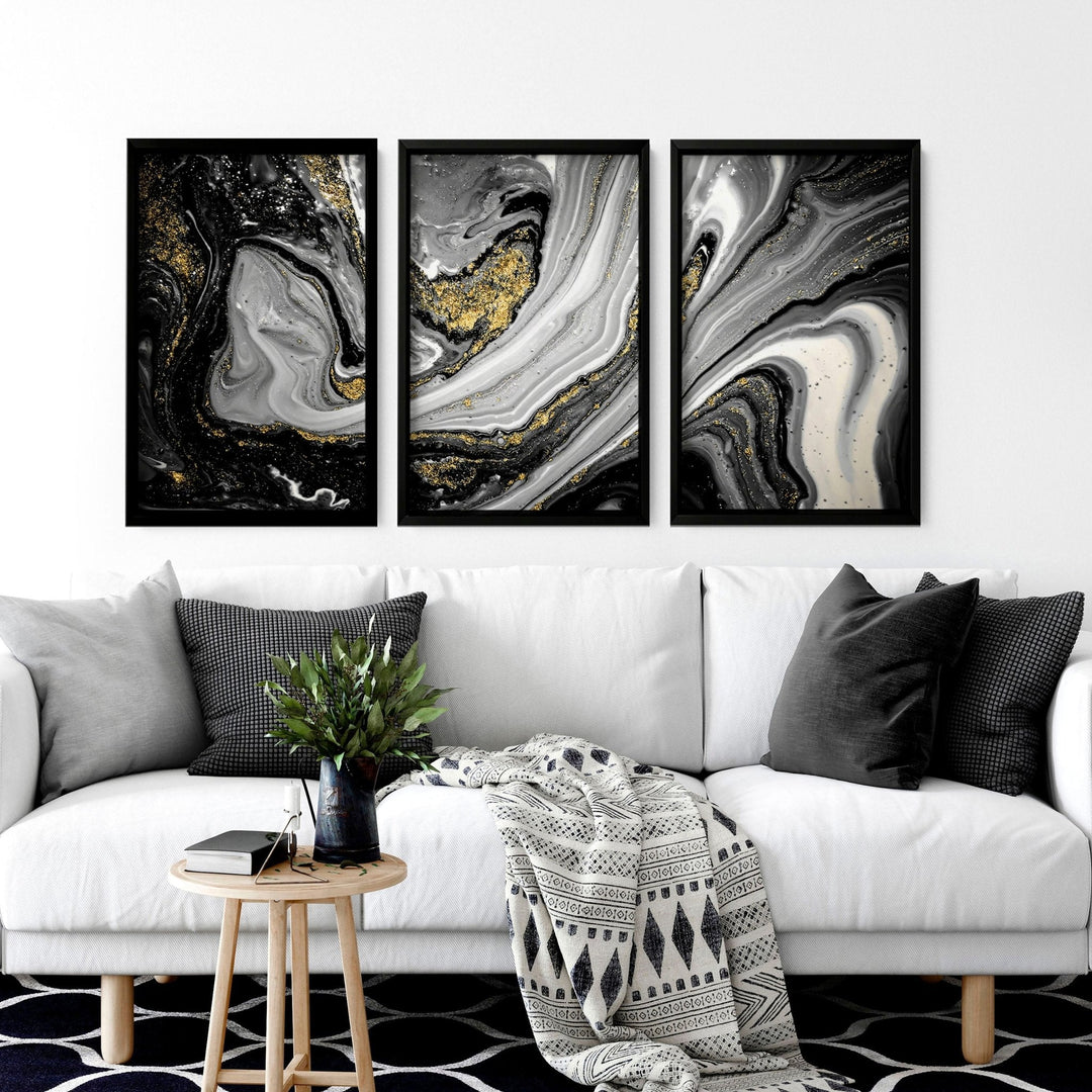Black and Gold Abstract large wall art | set of 3 wall art prints