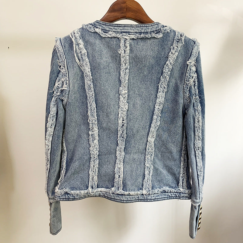 Denim Jacket With Fringe Stitching Lion Head Buckle
