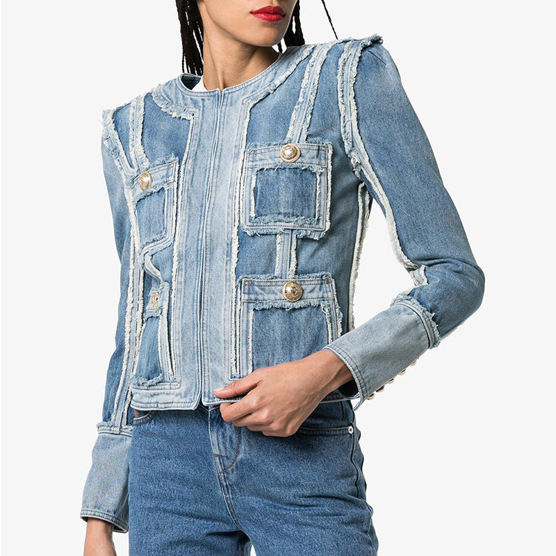 Denim Jacket With Fringe Stitching Lion Head Buckle