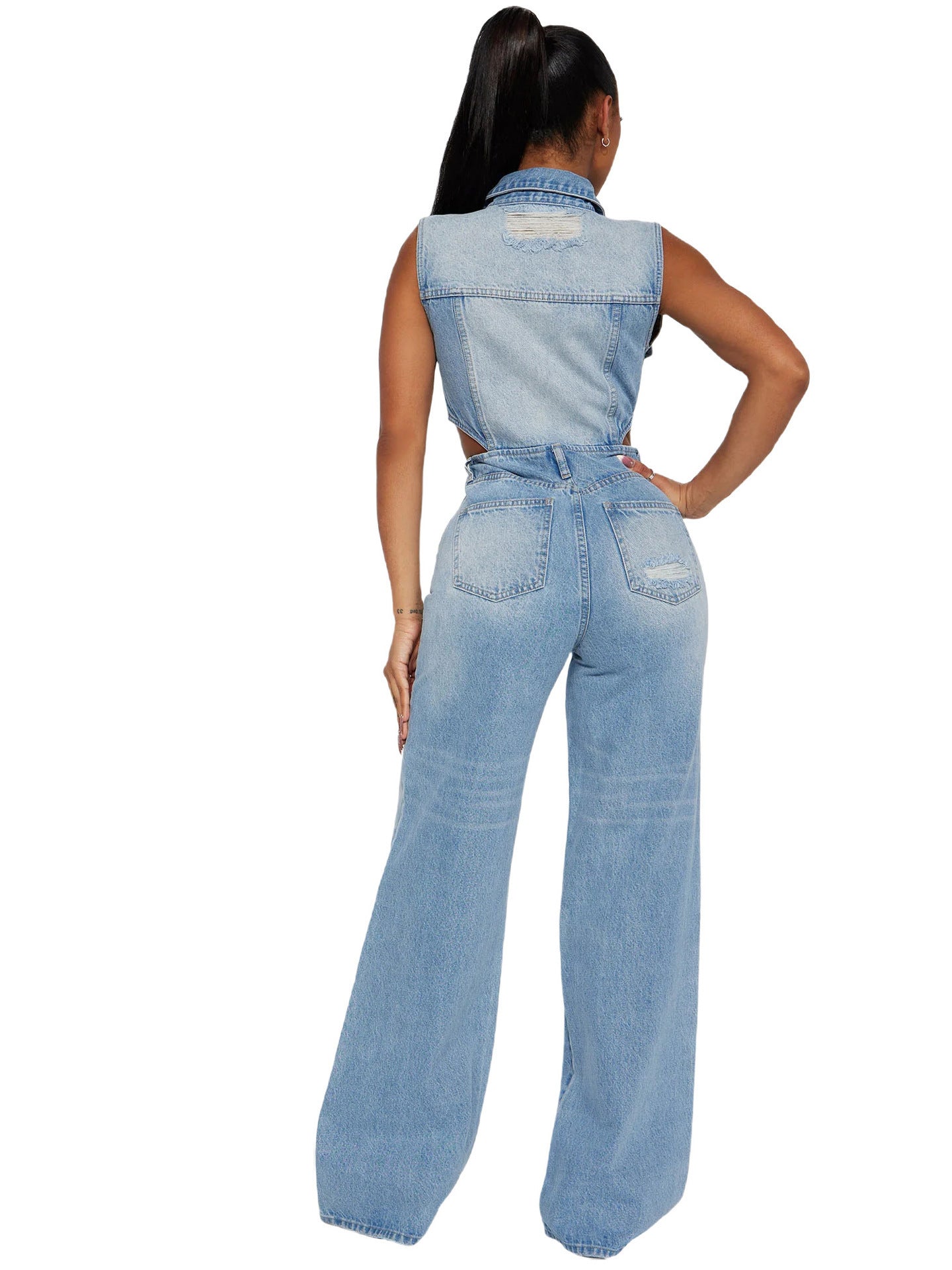 Slim Elastic Wash Denim Jumpsuit Straight Loose Jumpsuit