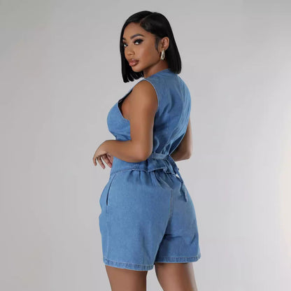 Casual Sleeveless High Waist Denim Shorts Suit