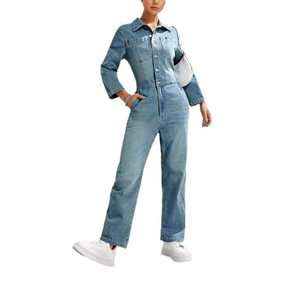Slim-Fit Long-Sleeved Denim Jumpsuit