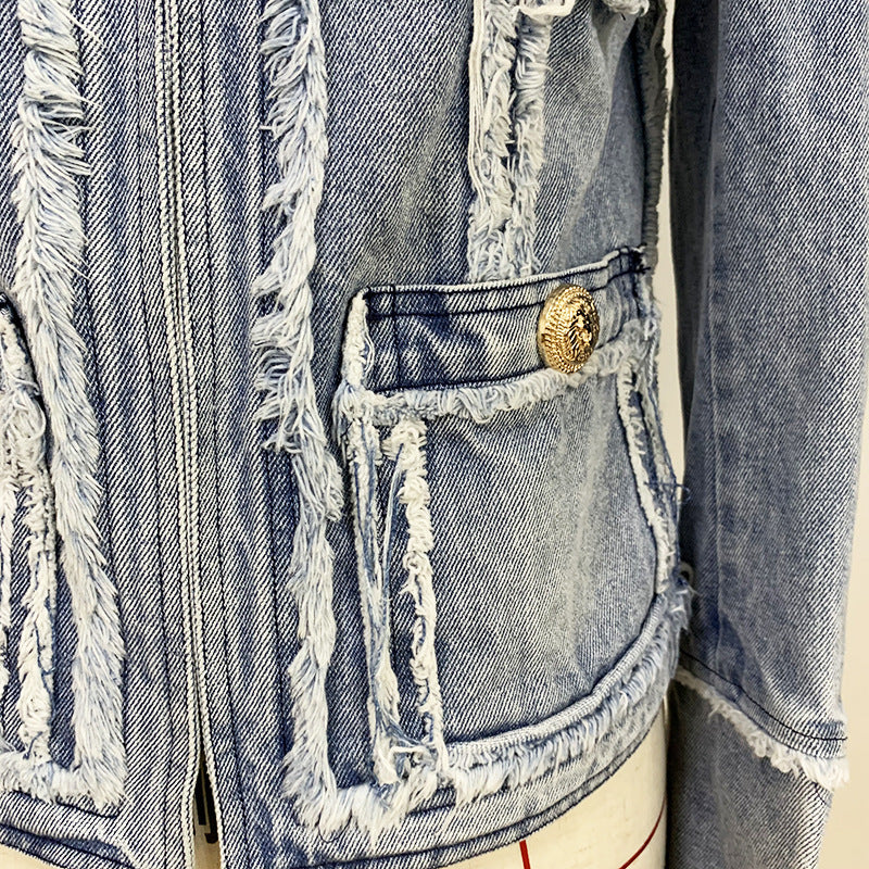 Denim Jacket With Fringe Stitching Lion Head Buckle