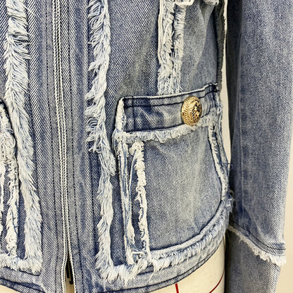 Denim Jacket With Fringe Stitching Lion Head Buckle