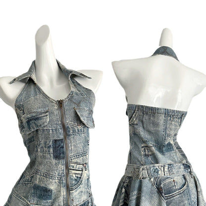 Waist-tight Halter Denim Dress Women&