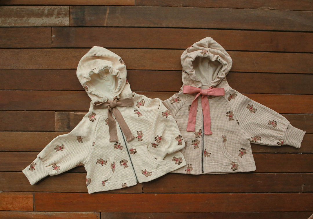 Baby Girl Waffle Knit Fabric Bear Pattern Zipper Jacket Coat
