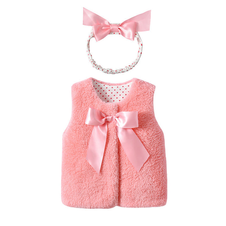 Baby Girl 1pcs Bow Tie Patched Design Sleeveless Coral Fleece Outing