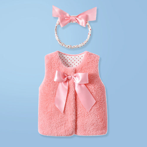 Baby Girl 1pcs Bow Tie Patched Design Sleeveless Coral Fleece Outing