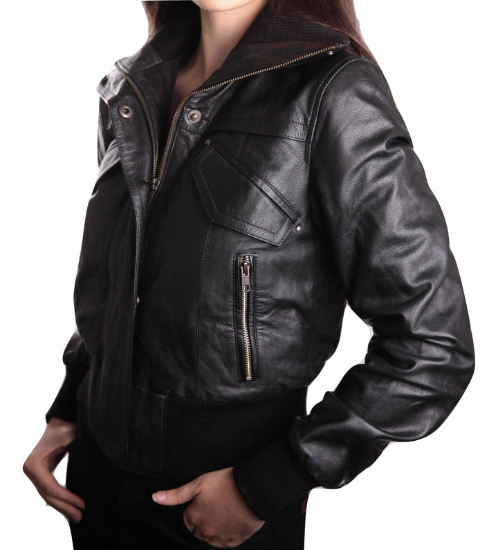 Women's Short-Cut Bomber Leather Jacket
